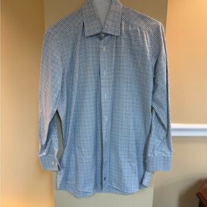 David Donahue Blue and White Micro-Check Dress Shirt